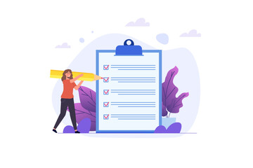Businesswoman checklist concept. Checking business task success. Vector illustration