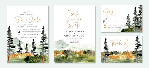 wedding invitation suite with wild nature landscape watercolor