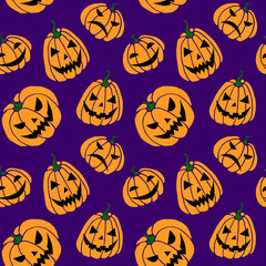 Seamless pattern with pumpkins, Jack lanterns. Vector backgrounds and textures for Halloween. Hand drawn illustration in flat doodle style, isolated