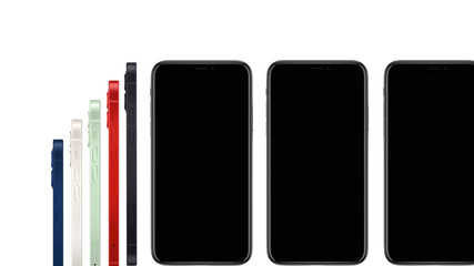 Mockup comparative background with three expensive frameless black phones with black blank displays on white background. 3d render. Phones side view. Pacific blue, red, green smartphones. 3D render. 
