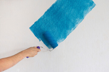 Man paints a white wall with a blue paint with roller