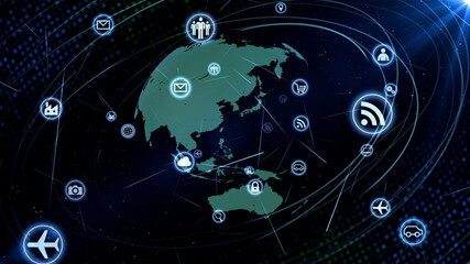 Technology Icon Network World Internet Digital devices on space Earth 3D illustration