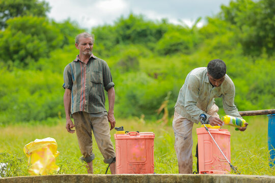 Indian labour liquid fertilizer mixing in bucket at field