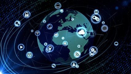Technology Icon Network World Internet Digital devices on space Earth 3D illustration