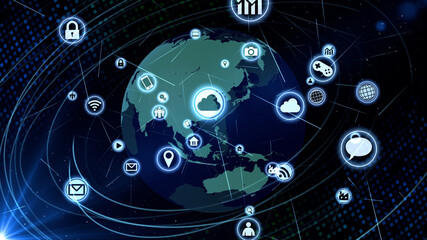 Technology Icon Network World Internet Digital devices on space Earth 3D illustration