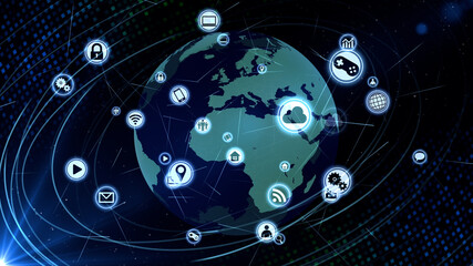 Technology Icon Network World Internet Digital devices on space Earth 3D illustration