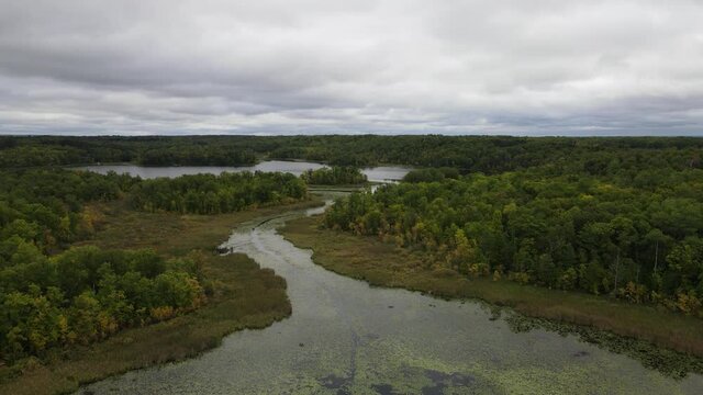 Late summer time in Minnesota, landscape aerial view over a lake in North Minnesota
