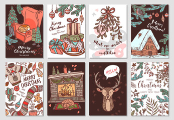Collection of vector Christmas and New Year greeting cards. Holiday banners or posters with vector linear doodle illustrations. Hand drawn color sketch festive postcards