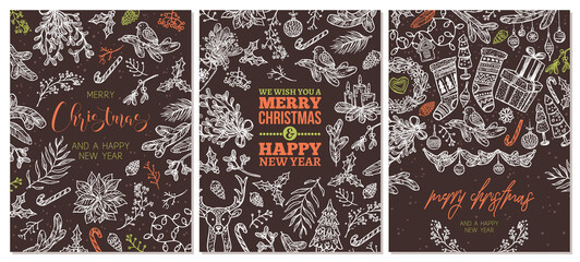 Set of Christmas holiday greeting cards. Festive banners with vector linear doodle illustrations on chalkboard or blackboard. Happy New Year backgrounds