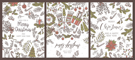 Set of Christmas holiday greeting cards. Festive banners with vector linear doodle illustrations. Happy New Year backgrounds and posters with calligraphy
