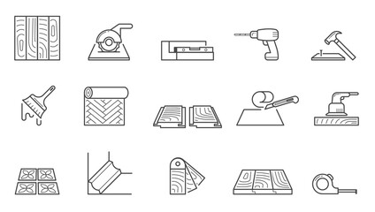 Home repair icons set. Wallpapering and installing laminate flooring polishing wooden floors laying tiles sawing tiles size and laying skirting boards nailing planks and false ceilings. Vector icon. - obrazy, fototapety, plakaty