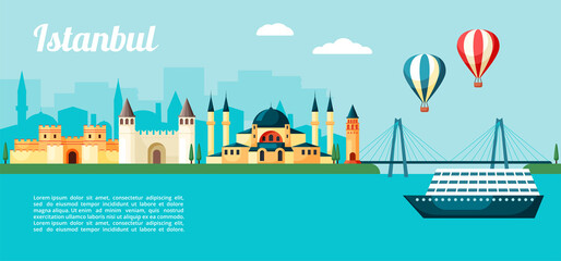 Obraz premium Excursion to Istanbul illustration. Colorful seaport with inbound cruise ship ancient turkish landmarks eastern city with great temple and ancient fortresses minarets. Cartoon color vector.