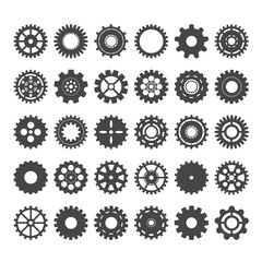 Cogwheels varieties set. Gear industrial components for mechanisms round with numerous teeth and spacers hole tracery and graphic engineering for powerful metal transmissions. Vector icons.