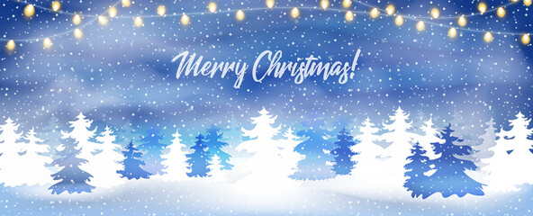 Merry Christmas banner, poster or greeting card, vector illustration in flat style. Xmas or New Year postcard with snowy pine forest and festive lights. Winter holiday season invitation.