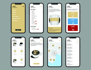 Modern coffee store app design. UI, UX Kit for responsive mobile app or website. Dashboard, user panel mobile app.