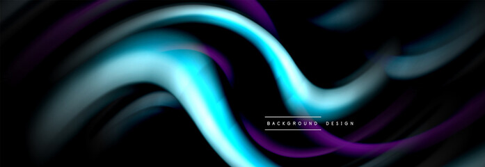 Dynamic motion abstract background. Color blurred stripes on black. Wave liquid lines poster. Vector illustration