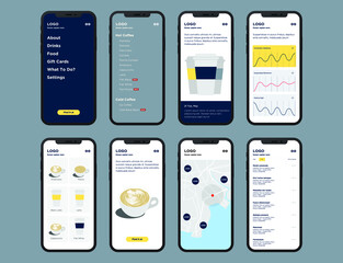 Modern coffee store app design. UI, UX Kit for responsive mobile app or website. Dashboard, user panel mobile app.