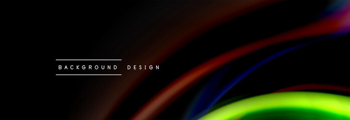 Dynamic motion abstract background. Color blurred stripes on black. Wave liquid lines poster. Vector illustration