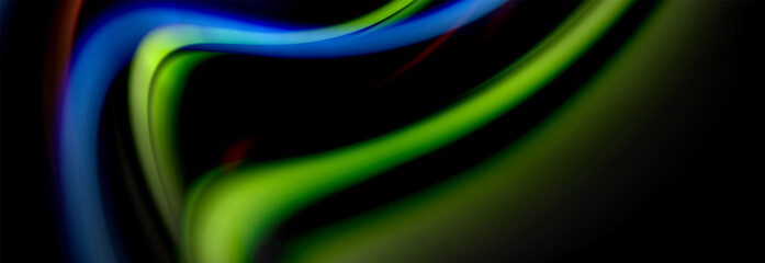 Dynamic motion abstract background. Color blurred stripes on black. Wave liquid lines poster. Vector illustration