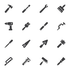 Construction tool vector icons set, modern solid symbol collection, filled style pictogram pack. Signs, logo illustration. Set includes icons as spanner, hammer, paintbrush, saw, electric screwdriver