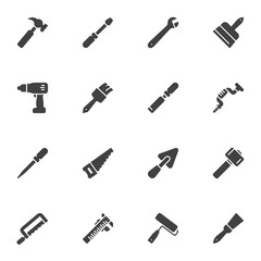 Obraz premium Construction tool vector icons set, modern solid symbol collection, filled style pictogram pack. Signs, logo illustration. Set includes icons as spanner, hammer, paintbrush, saw, electric screwdriver