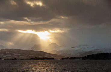 Sunset landscape from Norway of mountains and fjord