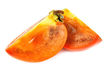 Two slices of ripe persimmon are isolated on a white background.