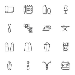 Tailoring, sewing line icons set, outline vector symbol collection, linear style pictogram pack. Signs, logo illustration. Set includes icons as dummy mannequin, sewing machine, iron, fabric, zipper