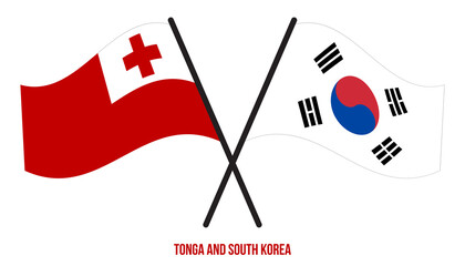 Tonga and South Korea Flags Crossed And Waving Flat Style. Official Proportion. Correct Colors.