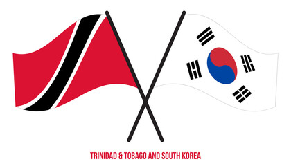 Trinidad & Tobago and South Korea Flags Crossed And Waving Flat Style. Official Proportion.