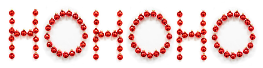 Red Christmas Ball Ornament Building English Word Hohoho. Festive Christmas Decoration. White Isolated Background