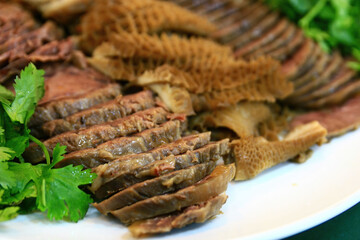 Close up shot of braised dishes slice