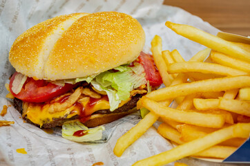 Close up shot of french fries with hamburger
