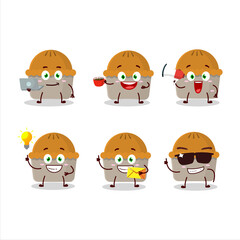 Meat pie cartoon character with various types of business emoticons