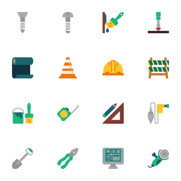 Repair tool elements collection, construction tool flat icons set, Colorful symbols pack contains - safety hard hat, measuring ruler, screwdriver, home plan. Vector illustration. Flat style design