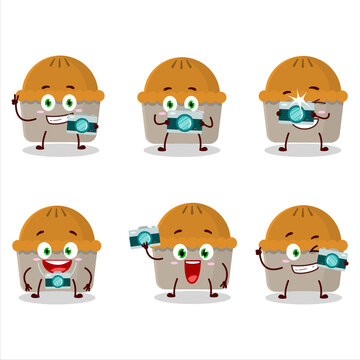 Photographer profession emoticon with meat pie cartoon character