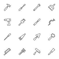 Construction tool line icons set, outline vector symbol collection, linear style pictogram pack. Signs, logo illustration. Set includes icons as spanner, hammer, paintbrush, saw, electric screwdriver