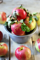 Fototapeta na wymiar Selective focus. Fresh autumn apples in a bowl on a wooden surface. Harvest apples.