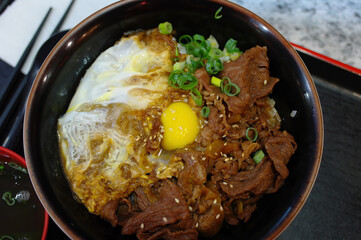 Close up shot of Beef donburi