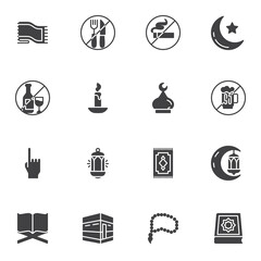 Ramadan Kareem vector icons set, modern solid symbol collection, filled style pictogram pack. Signs, logo illustration. Set includes icons as islamic religion, muslim mosque, koran book, lantern