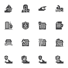 Insurance service vector icons set, modern solid symbol collection, filled style pictogram pack. Signs, logo illustration. Set includes icons as natural disaster insurance, air travel, medical, life