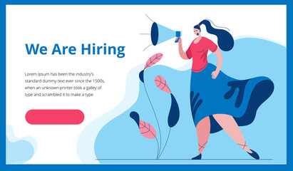 A woman in a modern style shouts into a megaphone. Template for a horizontal banner in a flat style about working in a company. 