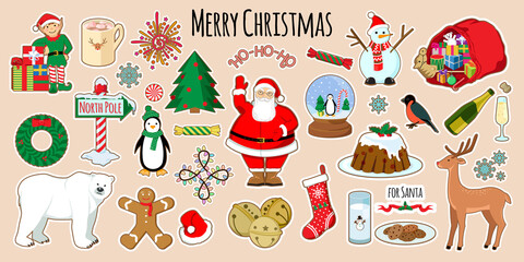 Fototapeta na wymiar Set of Christmas stickers. Holiday decoration elements. Vector illustrations.