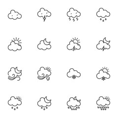 Weather cloud line icons set, outline vector symbol collection, linear style pictogram pack. Signs, logo illustration. Set includes icons as stormy weather, sunny, rain, snow, shower, night moon, sun