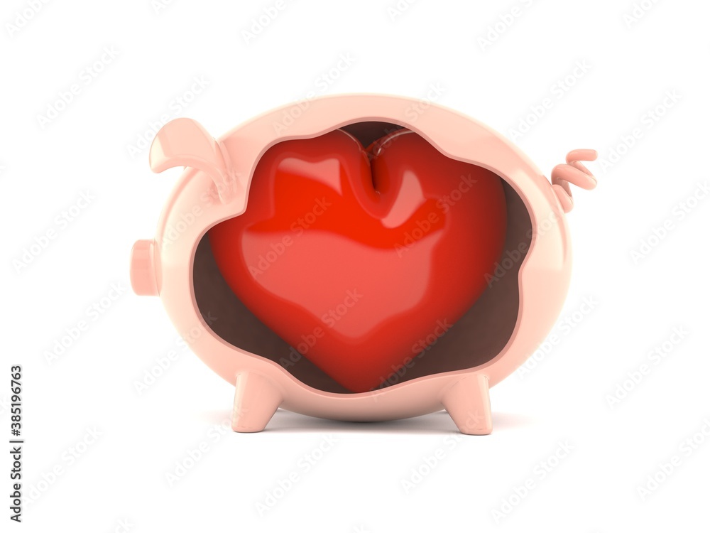 Sticker heart inside piggy bank