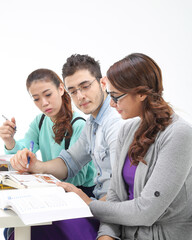 Fototapeta premium Yong south east Asian middle eastern Caucasian youth man woman in casual dress sit stand at table book notebook pen talk study think rad on white background