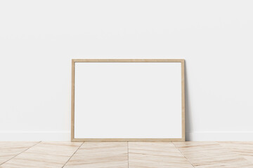 Fototapeta na wymiar Mock up canvas poster spruce wood frame in empty room and spruce wood ground. White wall Background