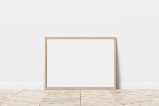 Mock up canvas poster spruce wood frame in empty room and spruce wood ground. White wall Background