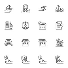 Insurance service line icons set, outline vector symbol collection, linear style pictogram pack. Signs, logo illustration. Set includes icons as natural disaster insurance, air travel, medical, life
