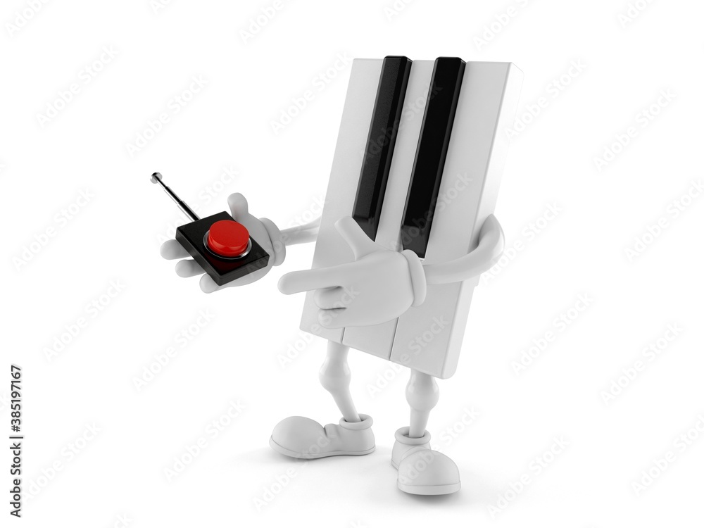 Wall mural Piano character pushing button on white background